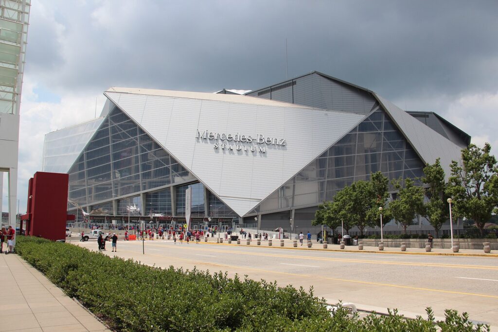 The exterior of Mercedes-Benz Stadium in downtown Atlanta, Georgia