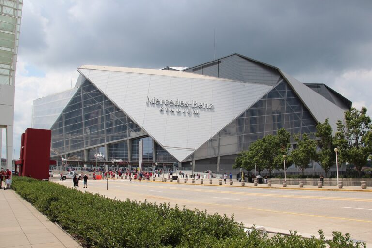 The exterior of Mercedes-Benz Stadium in downtown Atlanta, Georgia
