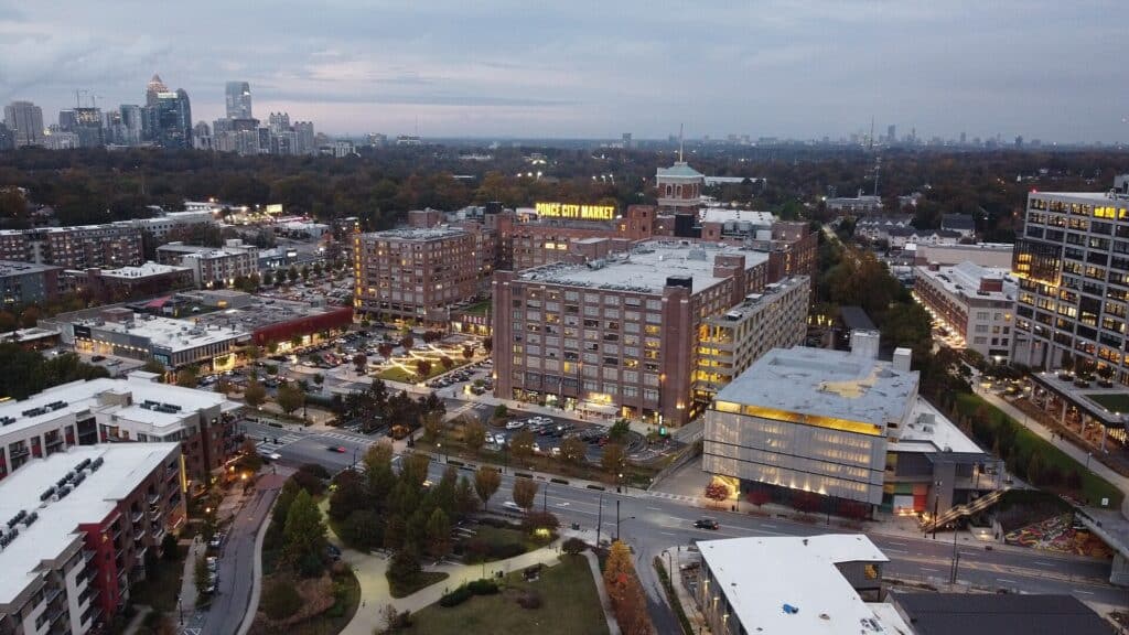 The Ponce City Market building seen from Historic Fourth Ward Park in Atlanta