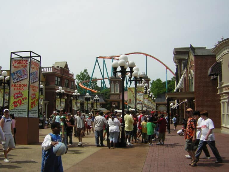 The main gate entrance at Six Flags Over Georgia in Austell, Georgia